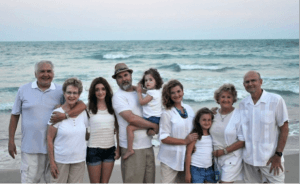 A family taking a photo on the beach