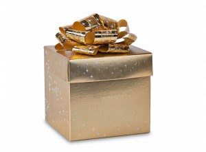 Golden gift box with gold ribbon