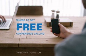 Person at a desk with a phone and the text reads: Where to get free conference calling