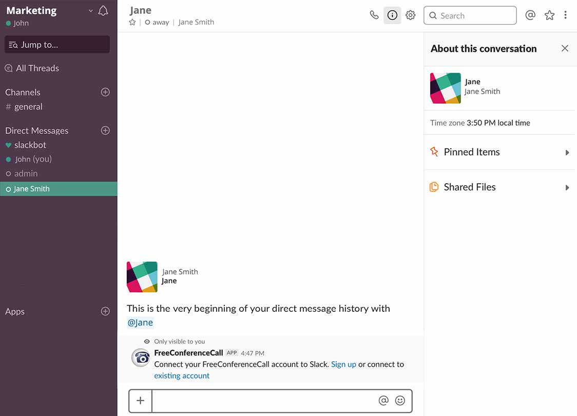 Slack vil bede om muligheden for at logge ind eller registrere for en ny Freeconferencecall konto.