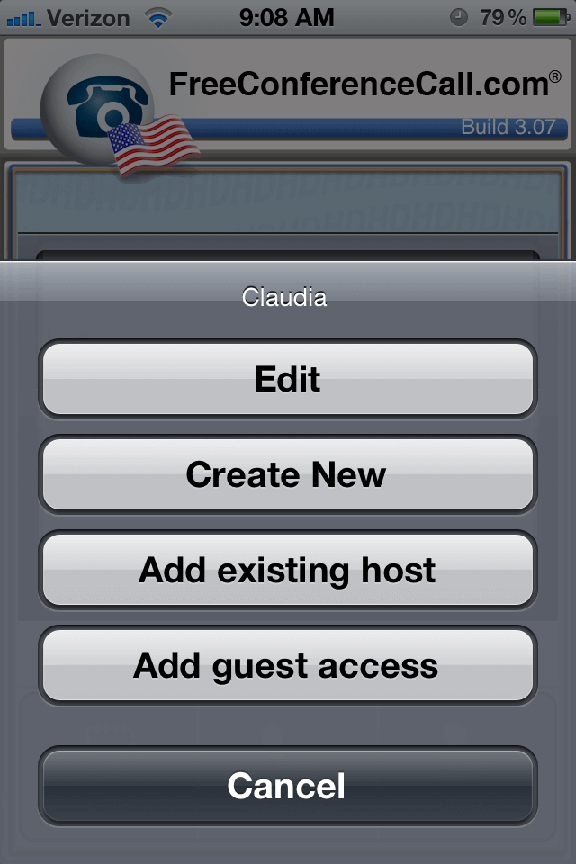 FreeConferenceCall.com mobile app with an edit, create new, add exisiting host and add guest access button